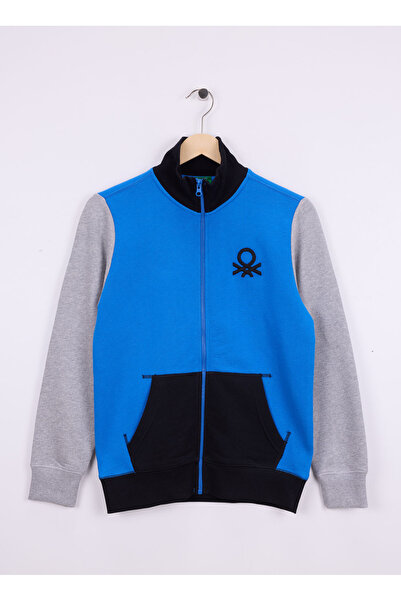 Benetton Nakışlı Erkek Çocuk Gri - Açık Mavi Sweatshırt 3J68C501B