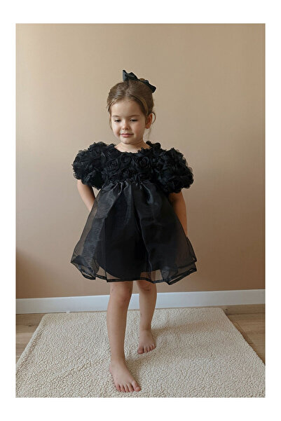 LC Waikiki Siyah Gül Detaylı Tül Etekli Kız Çocuk Elbise - Nelia