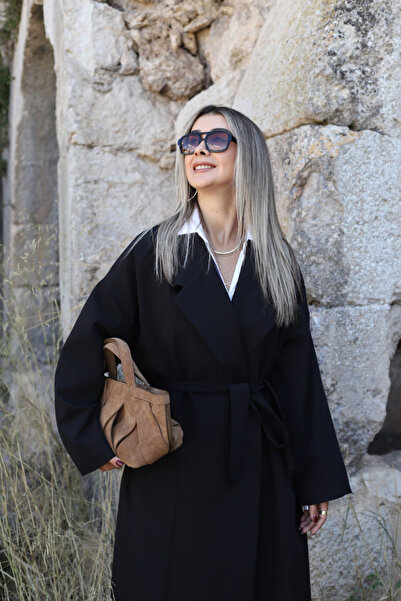 bytugcekaya Siyah Standart Beden Astarlı Kuşak Detay Trençkot