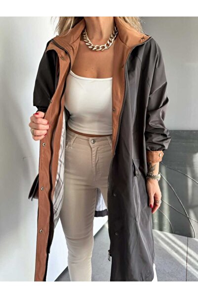 QİMYA BUTİK ROBİN Kadın Kapüşonlu Yanları Yırtmaçlı Reglan Kol Oversize TRENÇKOT