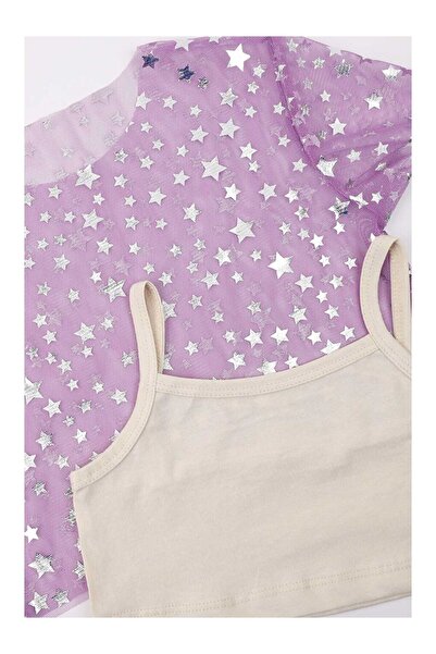 LC Waikiki Lila Yıldız Baskılı Kız Çocuk Tül Crop Bluz