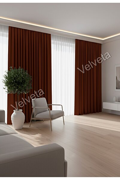 Velveta Modern Series Düz Pile Kadife Dokulu Fon Perde Kiremit