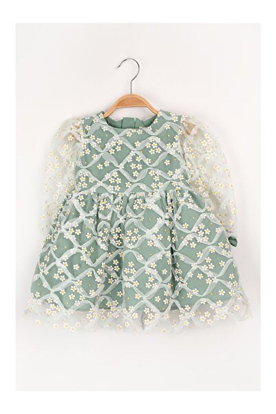 LC Waikiki Yeşil Uzun Kollu Papatyalı Tül Detaylı Kız Çocuk Elbise - Hera