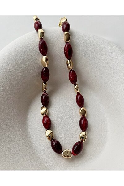 mos&more Bordo Boncuklu Gold Elegant Kolye