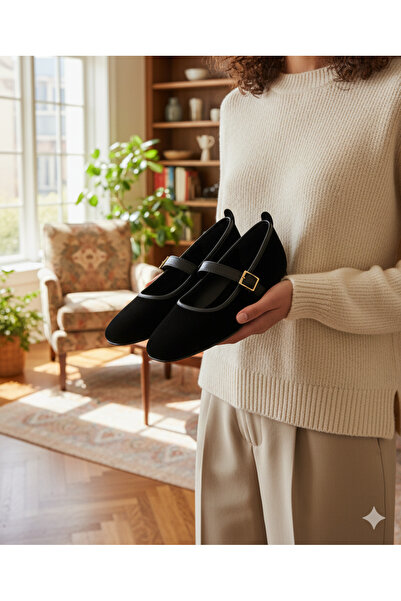 FootFrenzy Women's Buckled Mary Jane Velvet Gold Buckled Light Sole Stylish Daily Ballerinas