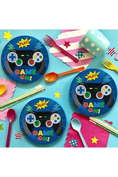 ANTBRO Farfurii de Petrecere ® Albastre cu Model Control "Game On" – Ø23 cm, Set 6 bucati