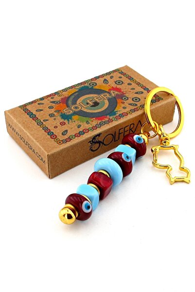 Solfera Burgundy Blue Murano Glass Evil Eye Beaded Bag Ornament Cat Charm Keychain Ky056