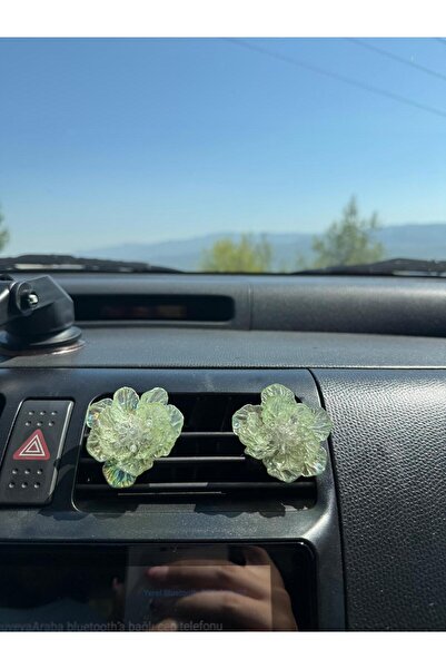 Çiçek Antalya Handmade Green Flower Design Air Conditioner Ornament – Decorative Vehicle Accessory with Shiny Stones