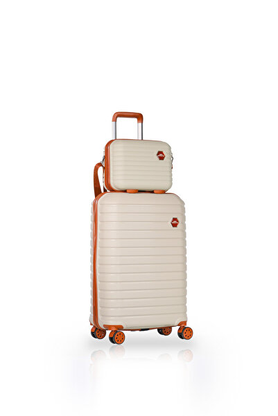 GROUND Vanille Gar Orta Boy Valiz + Makyaj Çantası Kemik Taba - 10663