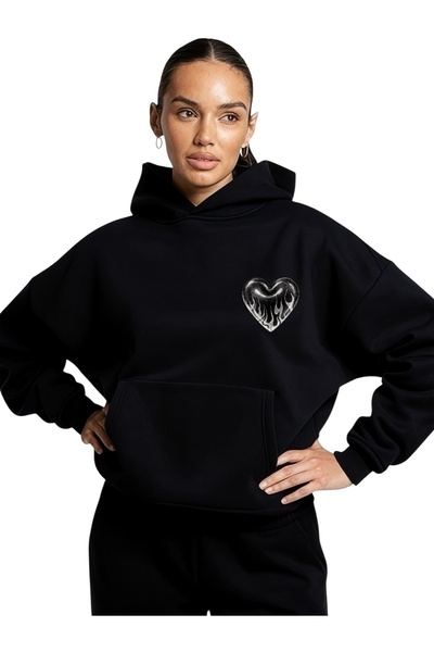 ArtYus Unisex Heart Black Color Special cu imprimeu Cotton supradimensionat c...