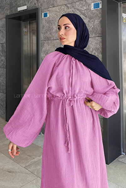 lamelif Balloon Sleeve Tie-Up Hijab Dress Pink