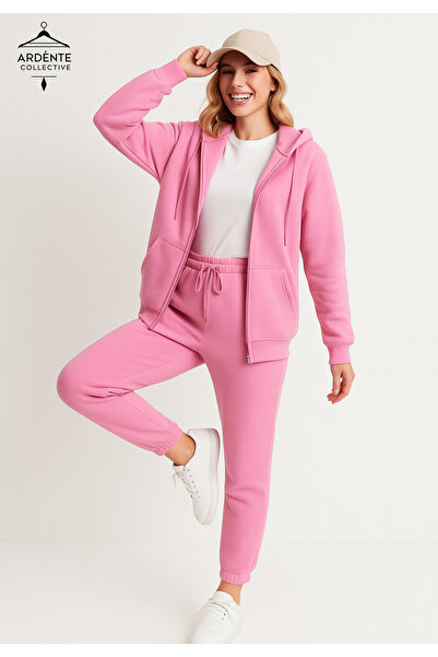 Arz giyim Women's Pink Hooded Sweatshirt & Sweatpants Set
