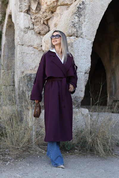 bytugcekaya Burgundy Standard Size Polyviscose Trench Coat