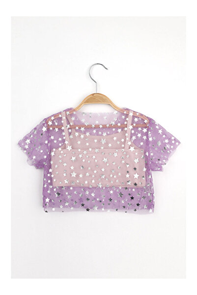 LC Waikiki Lila Yıldız Baskılı Kız Çocuk Tül Crop Bluz