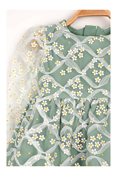 LC Waikiki Yeşil Uzun Kollu Papatyalı Tül Detaylı Kız Çocuk Elbise - Hera