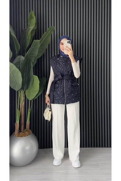 Molly Nelly Women's Stylish Stone Detailed Lined Quilted Midi Vest