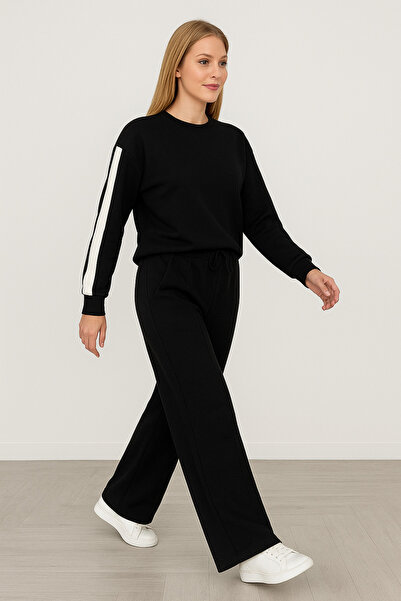 SNCGİYİM Women's Black and White Stripe Detailed Tracksuit Set – Comfortable Fit, Stylish Sporty Style 1675