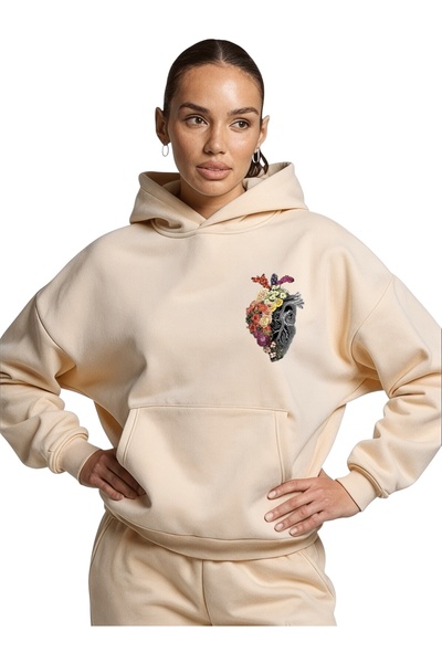 ArtYus Unisex Heart Flower Colorful Custom Printed Cotton Oversize Hooded Sweatshirt
