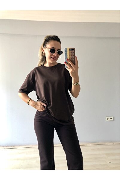 Gözde Tasarım Butik Women's Dark Brown Circular Neck Short Sleeve Basic Spring T-Shirt