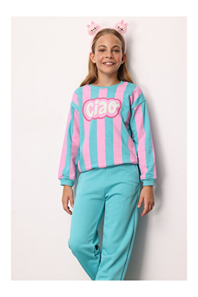 LC Waikiki Mint Ciao Baskılı Çizgili Kız Çocuk Eşofman - Phoebe