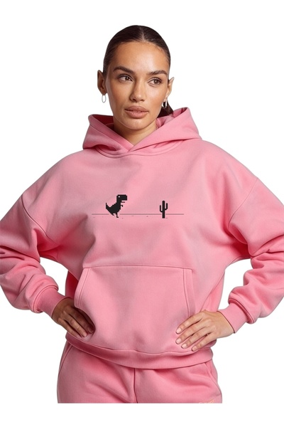 ArtYus سويت شيرت بقلنسوة كبير الحجم من القطن مطبوع عليه ديناصور ملون للجنسين