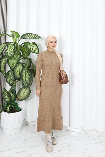 NİSUM MODA Saç Örgü Şeritli Triko Elbise