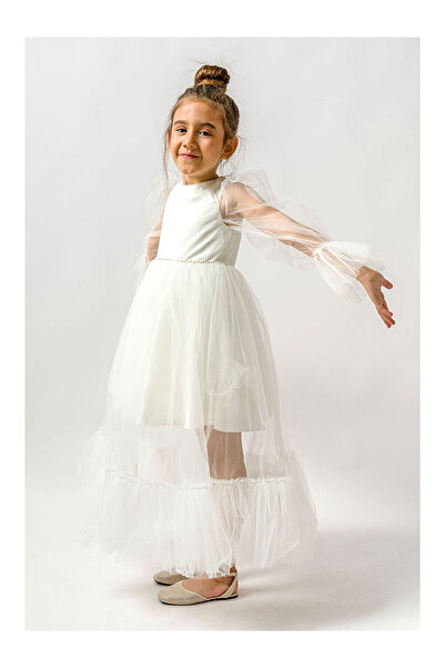 LC Waikiki Ekru Kolları Tül Detaylı Taşlı Uzun Kız Çocuk Elbise - Calla