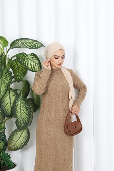 NİSUM MODA Saç Örgü Şeritli Triko Elbise