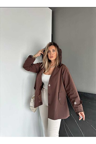 QİMYA BUTİK ROBİN Kadın Kapüşon ve Manşeti Dantel Detaylı Premium Kısa TRENÇKOT