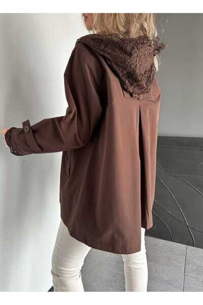 QİMYA BUTİK ROBİN Kadın Kapüşon ve Manşeti Dantel Detaylı Premium Kısa TRENÇKOT