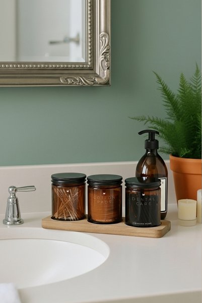 KHAKMA Amber Glass Bathroom Organizer Set with Wooden Stand – With "COTTON BUDS & PADS & DENTAL CARE" Writing – 3-Piece Set / 250 ml