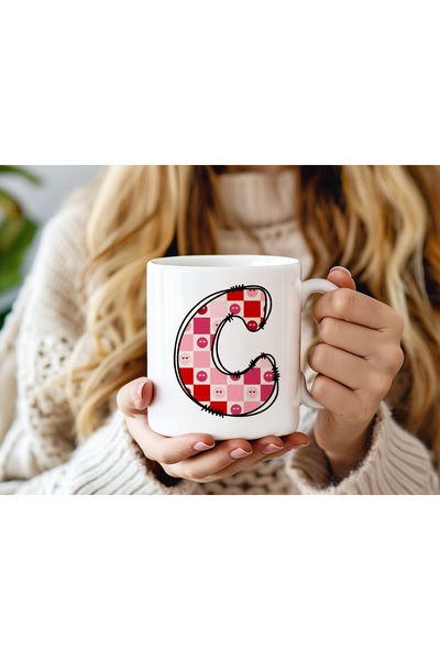 Beramussa كوب على شكل حرف C مع رمز تعبيري على شكل قلب مربع وردي - كوب شاي وقهوة بتصميم مربعات ممتع