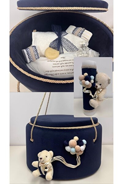 KidsMagazin Set de botez cu ursuleți în cufăr de catifea albastră