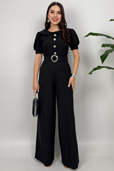 Dolcha Firenze Kadın Düğmeli Kemer Detaylı Bol Paça Siyah Tulum – Zarif Akşam Şıklığı