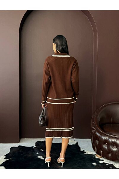 alenmoda Women's Polo Neck Button Front Knitwear Suit