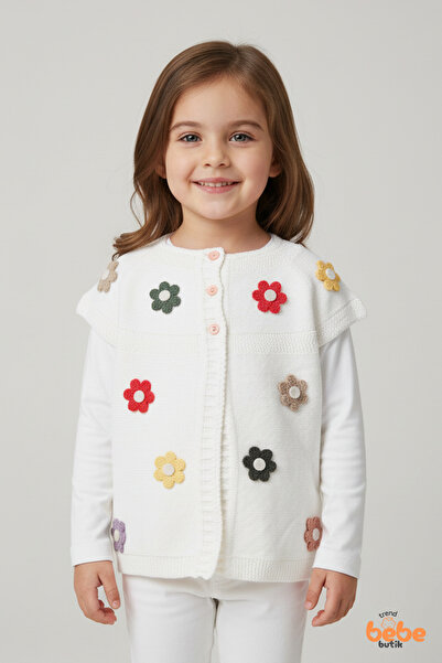Trend Bebe Butik Papatyalı Kız Çocuk Triko Yelek – Çiçek Motifli Robalı Örgü ...