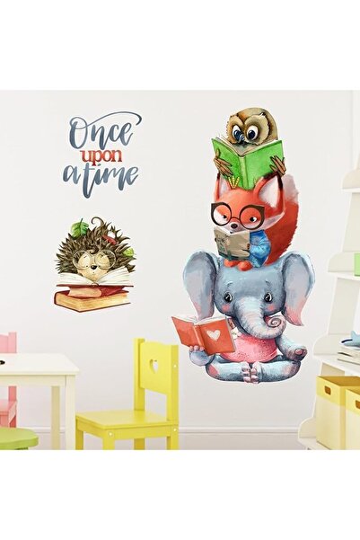 Al Raied ملصقات حائط ARS® ذات مرة، حيوانات تقرأ، ثعلب، فيل، بومة، قنفذ، تحفيزية