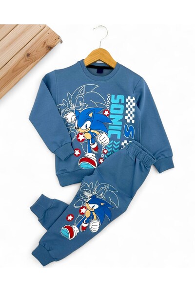 VOY KİDS Sonic Printed Boys' Seasonal Thin Tracksuit Set L Interlock Fabric 100% Cotton L 2-10 Years