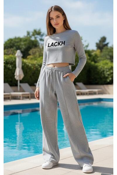 LACKH Pantaloni de sport 2 bucăți negru gri cu picioare largi, cu cordon în față, confortabili, elastici, care nu rețin transpirația