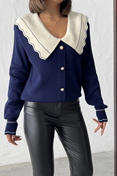 Lusin Γυναικεία ζακέτα με κουμπιά με λεπτομέρεια με γιακά σε μπλε ναυτικό χρώμα (νέο χρώμα)