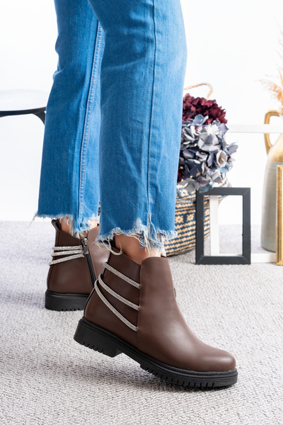 ELMANDO Mat Taş Şeritli Yandan Taş Detaylı Fermuarlı Zümrüt Mevsimlik Klasik Kadın Kısa Bot Bootie