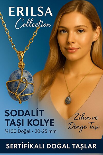 Erilsa قلادة من حجر الصوداليت الطبيعي المعتمد بلون ذهبي - حجر للعقل والتوازن