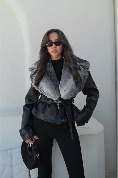 Berf Black Leather Jacket with Fur Collar Detail and Belt