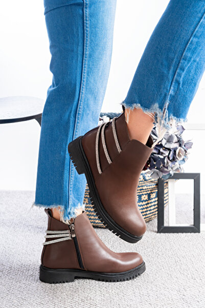 ELMANDO Mat Taş Şeritli Yandan Taş Detaylı Fermuarlı Zümrüt Mevsimlik Klasik Kadın Kısa Bot Bootie