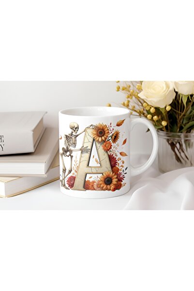 Beramussa كوب على شكل هيكل عظمي بحرف A - تصميم زهور عتيق - هدية للهالوين