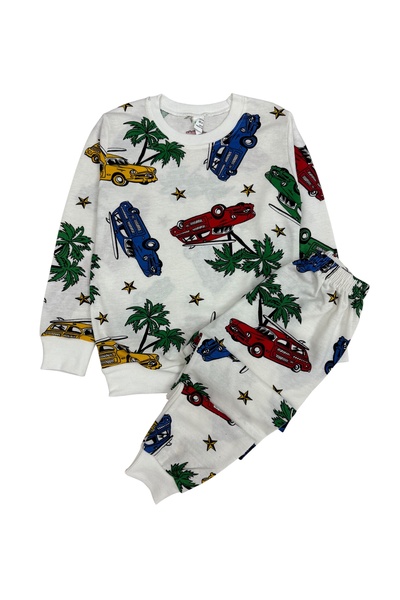 Şekerkids Boy's Cotton White Color Car Patterned Seasonal Pajama Set