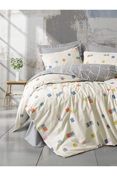 ŞENER HOME Cottonbox Minimal Double Size Duvet Cover Set with Elastic Sheets Evo Gray