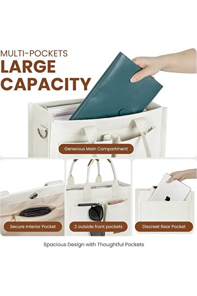 NEXSO Women’s Canvas Handbag – Stylish Beige Tote with PU Leather Handles & Pockets for Office & Travel