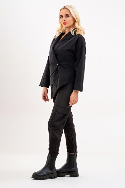 Bold & Young Women's Polyamide Blend Black Jacket – Pockets, Asymmetrical, Single Button