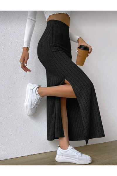 LUVIENNA Fusta lungă neagră cu talie înaltă fante, cu detaliu de cusătură în ...